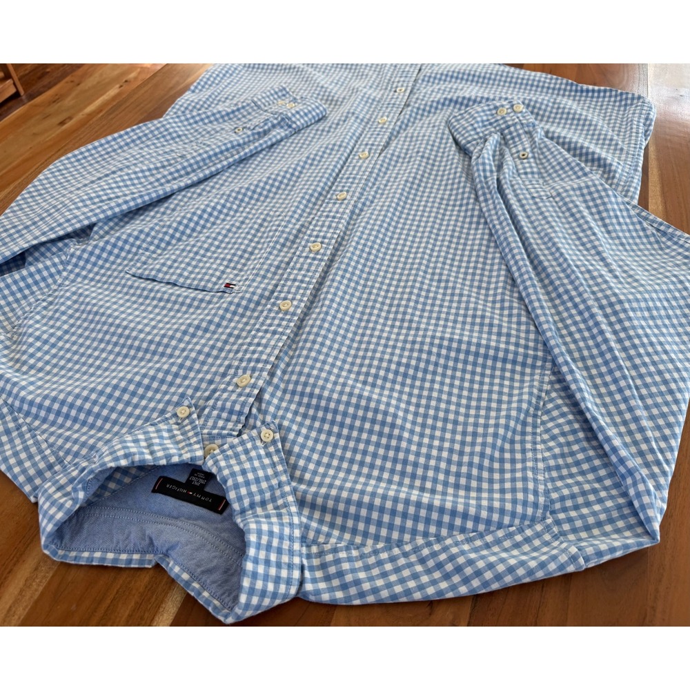 Tommy Hilfiger Mens 2XLT Blue Gingham Plaid Long Sleeve Button Down Shirt Tall